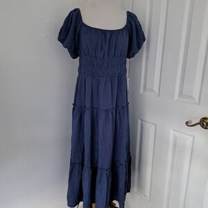 Trixxi Blue Smocked‎ Waist Puff Sleeve Tiered Midi Dress Womens XL